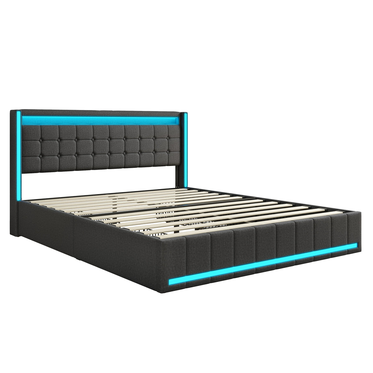 Bed 140x200cm with 4 drawers. Gray linseed fabric frame. LED RGB (APP/Remote Control) on head and foot of the bed. U charging Station