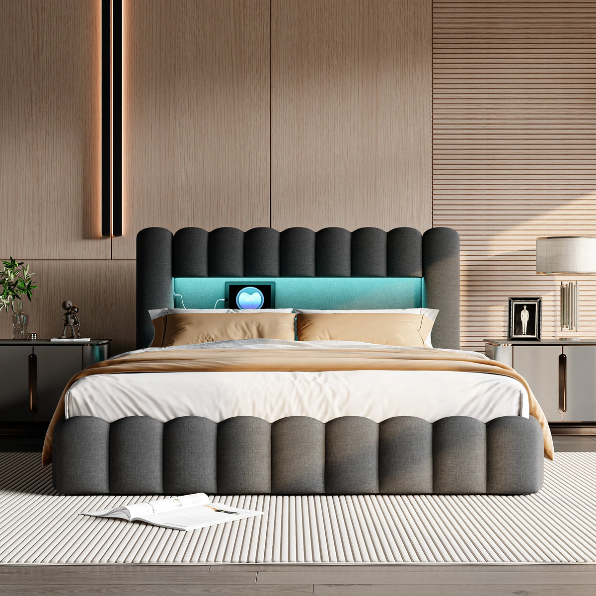 Upholstered bed, Embedded mattress, double bed with soft back, headboard with LED and USB port, without mattress