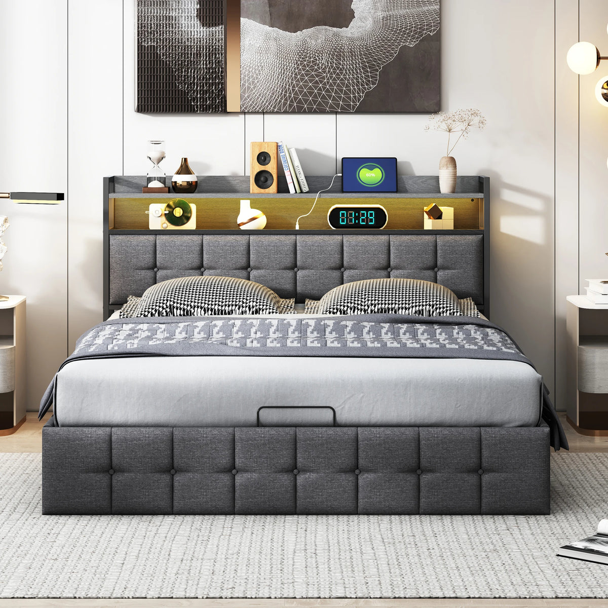 Double bed (140/160 x 200/140 x 190 cm), adult bed with USB port and LED lighting, upholstered headboard with storage, slatted base, Gray, PU