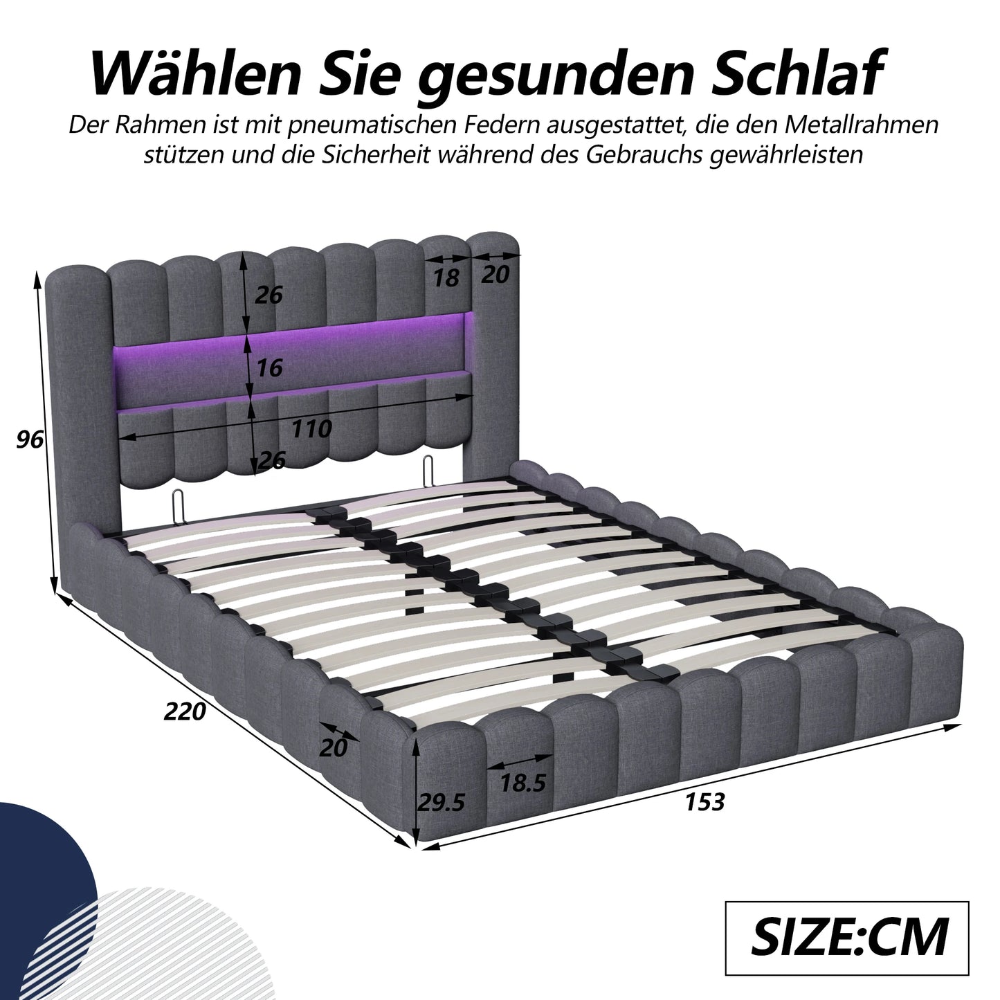 Upholstered bed, Embedded mattress, double bed with soft back, headboard with LED and USB port, without mattress