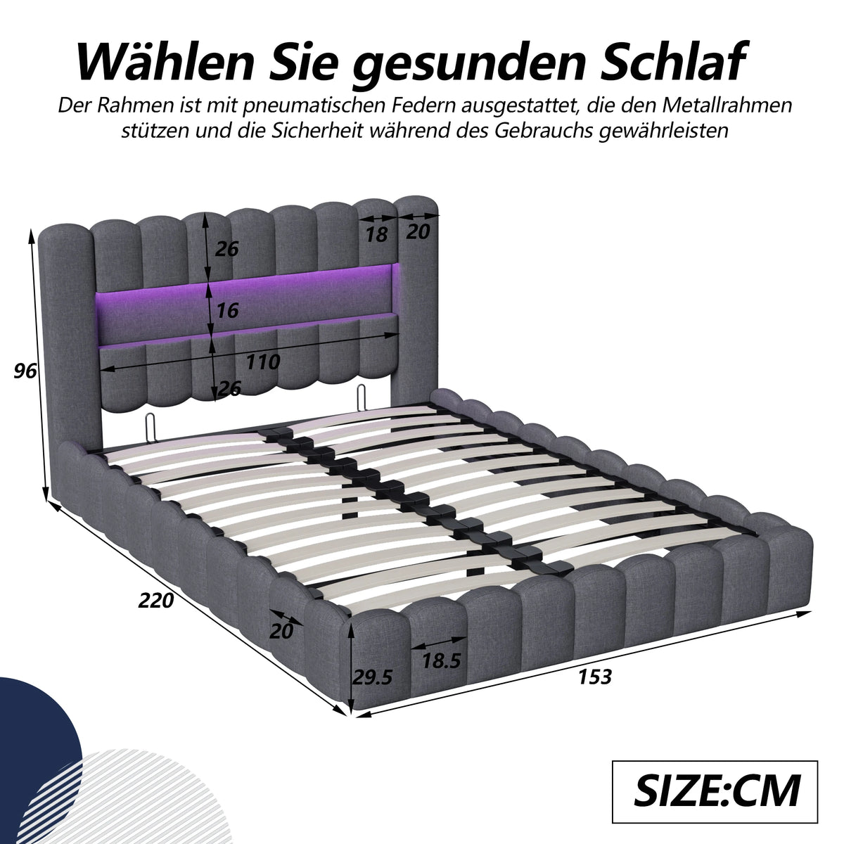 Upholstered bed, Embedded mattress, double bed with soft back, headboard with LED and USB port, without mattress