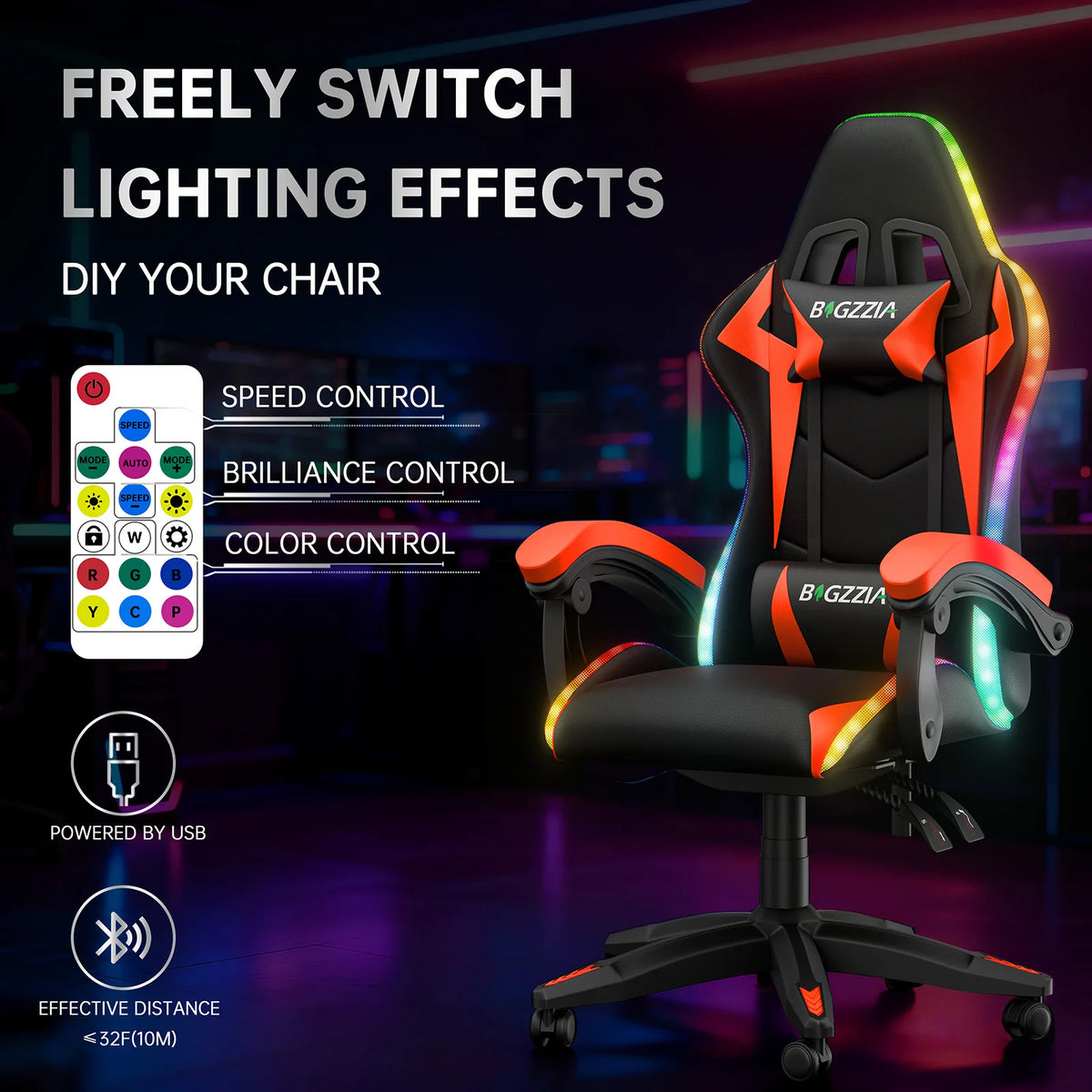 Gaming Chair with LED RGB Gaming Chairs Ergonomic PC Chair with Headrest Gaming Chair RGB Light Lighting Computer Chair