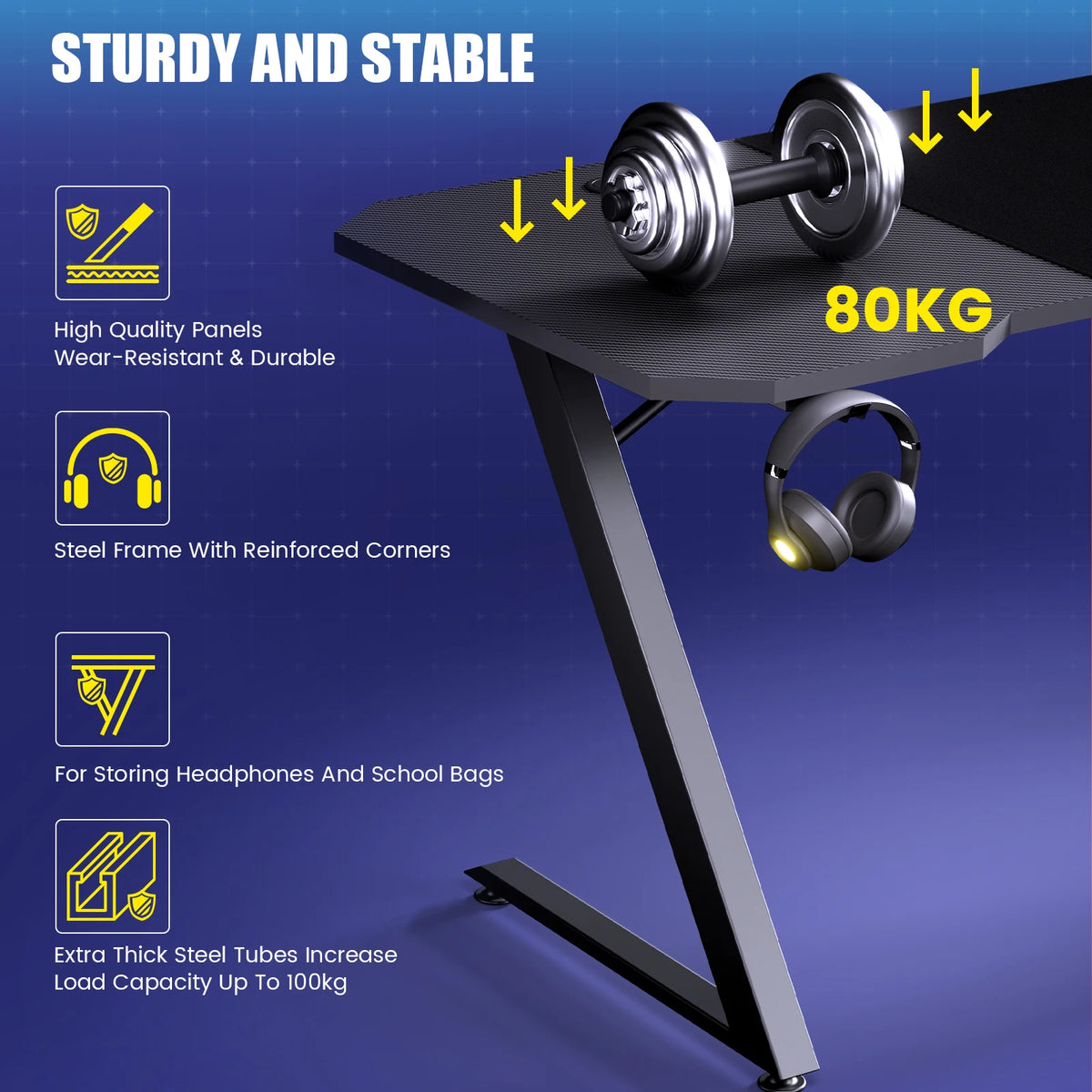 GTPLAYER Gaming table, Gaming desk 120x60cm, PC table Gamer table with Carbon Fiber Surface/LED/socket, Black