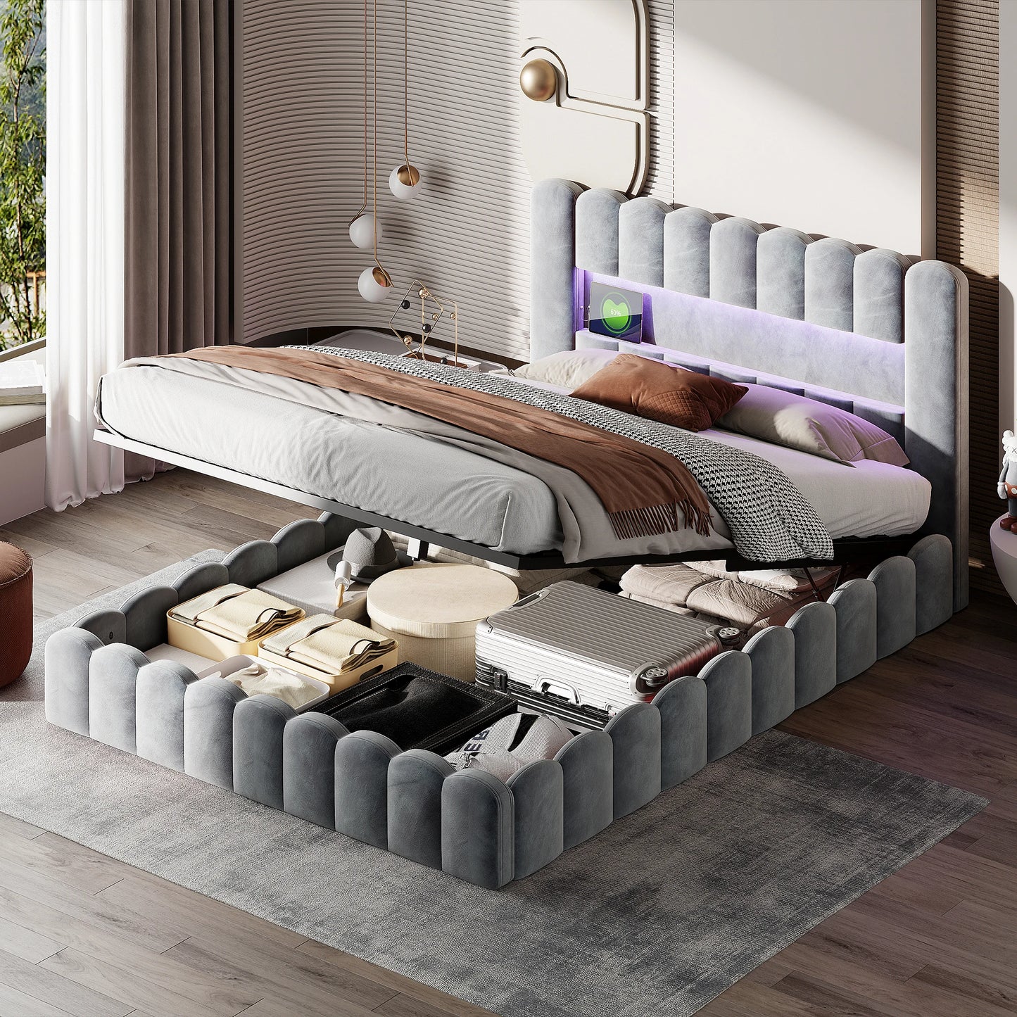 Upholstered bed, Embedded mattress, double bed with soft back, headboard with LED and USB port, without mattress