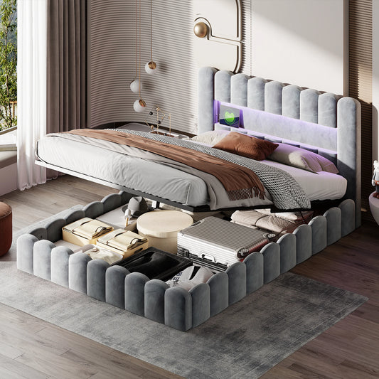 Upholstered bed, Embedded mattress, double bed with soft back, headboard with LED and USB port, without mattress