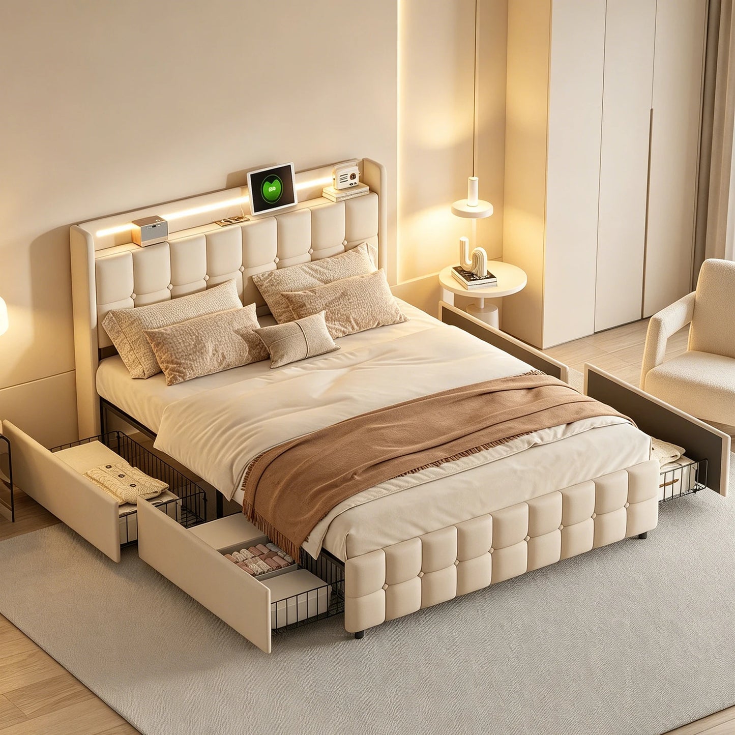 Bed 180x with box, Double padded bed with 4 drawers, bed 2 people with headboard Storage bed, LED USB, lint