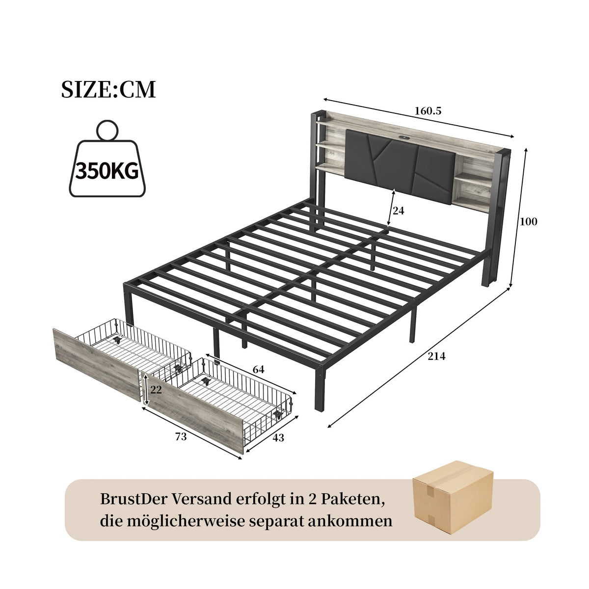 Polsterbett mit LED, App & Fernbedienung, USB Steckdose am Kopfteil, 2 Schubladen, PU Polster, Metall Holz Bett, StauraumBett