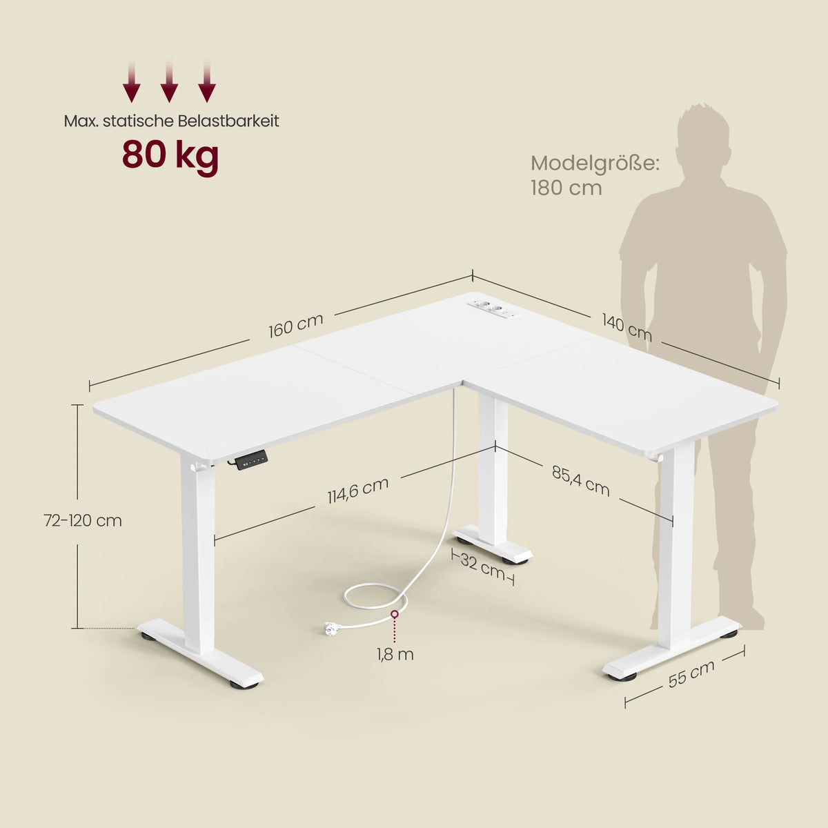 VASAGLE Height adjustable electric desk, L-shaped corner desk, 140x160 cm, with charging station