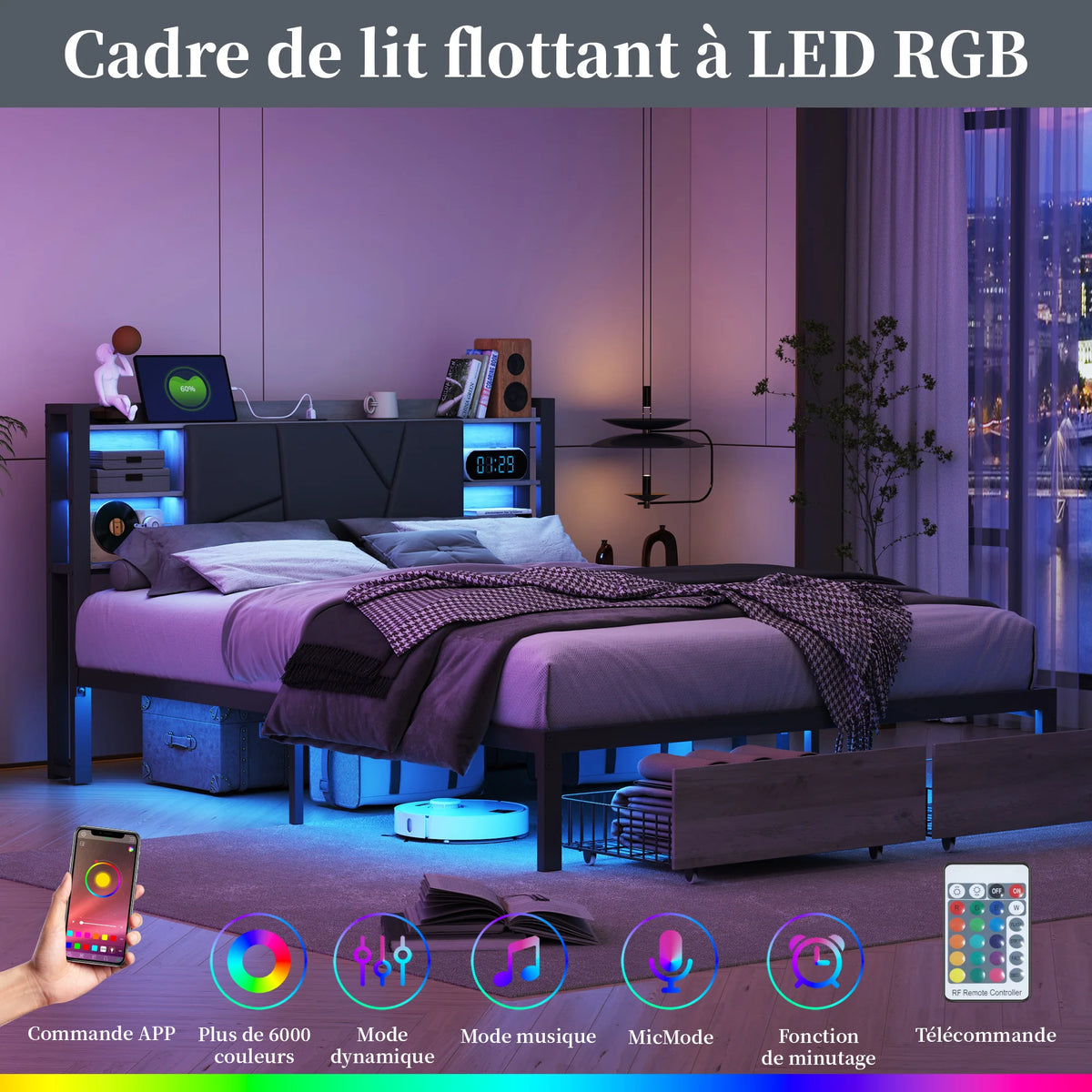 Polsterbett mit LED, App & Fernbedienung, USB Steckdose am Kopfteil, 2 Schubladen, PU Polster, Metall Holz Bett, StauraumBett