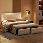 Rosahqnda Modern Faux Leather bed with Drawers, Stylish Faux Leather Double Bed Rher with Storage, Without Mattress