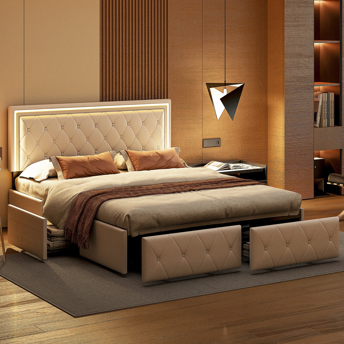 Rosahqnda Modern Faux Leather bed with Drawers, Stylish Faux Leather Double Bed Rher with Storage, Without Mattress