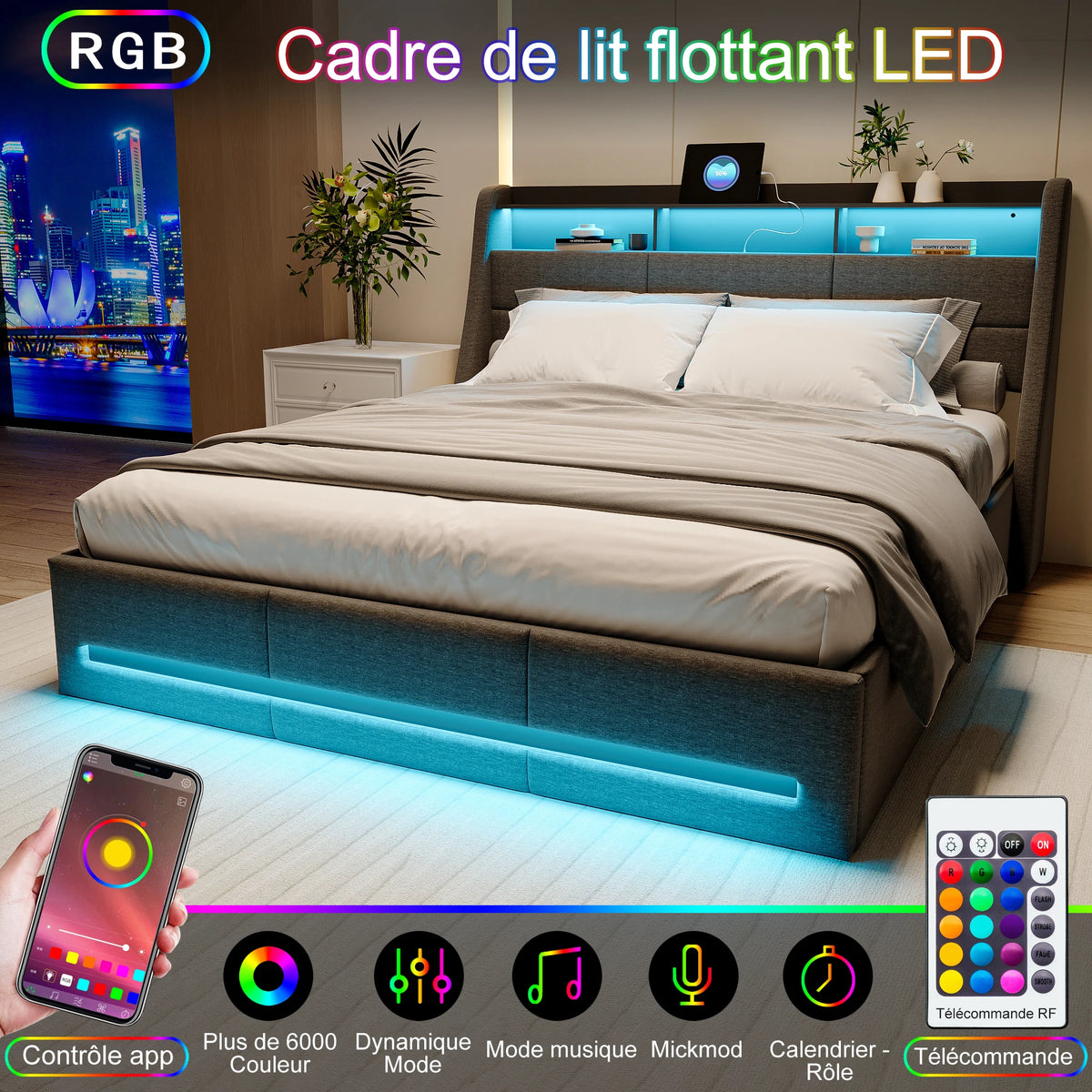 Trunk bed 140x190 with box bed LED, hydraulic bed bed 2 people with Storage and head of beds for adult and teen