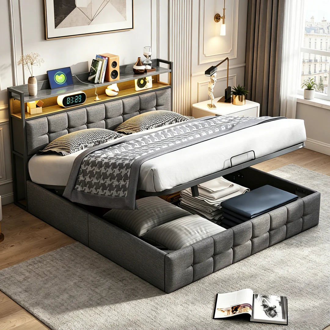 Double bed (140/160 x 200/140 x 190 cm), adult bed with USB port and LED lighting, upholstered headboard with storage, slatted base, Gray, PU