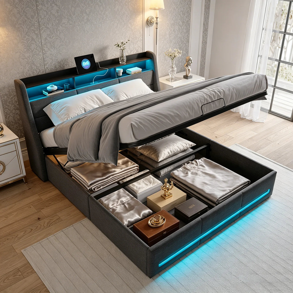 Trunk bed 140x190 with box bed LED, hydraulic bed bed 2 people with Storage and head of beds for adult and teen