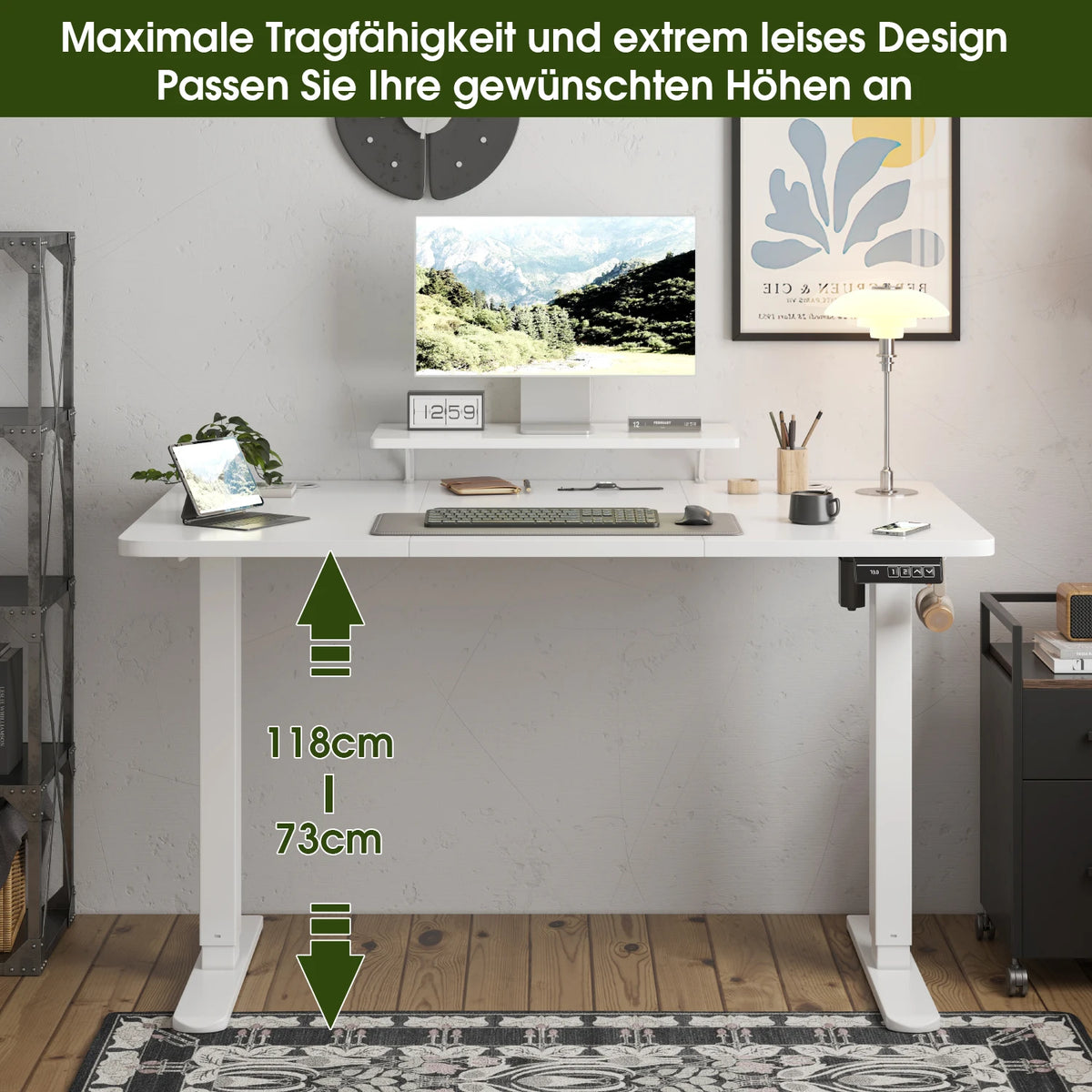 Devoko Height Adjustable desk Electric 160 × 70cm with Monitor Stand Ergonomic Seat Standing Desk (White)