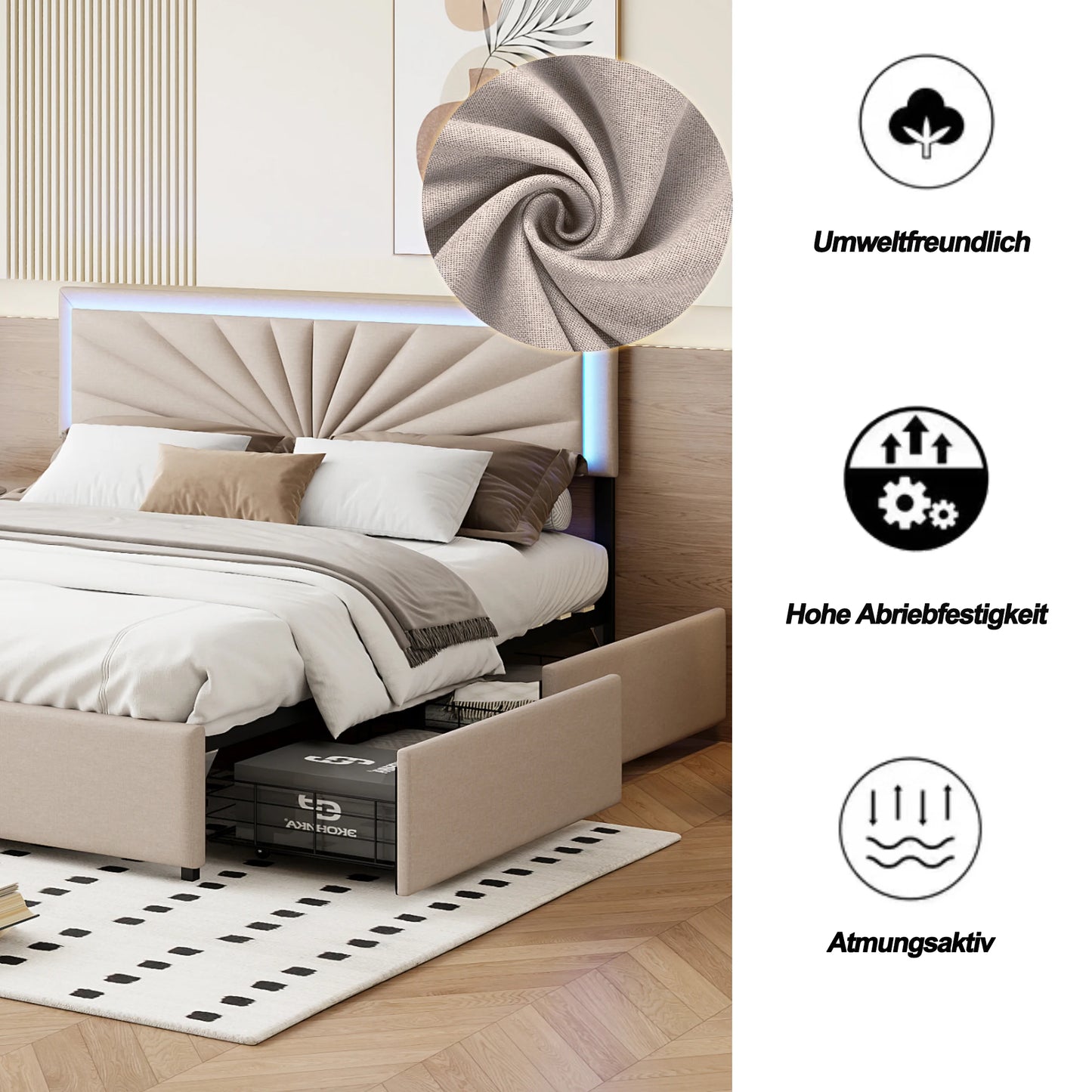 Modern Bed with LED Lighting,4 Drawers,140/160x200cm Double Bed with Height-Adjustable Headboard,Robust Bed Frame,No Mattress
