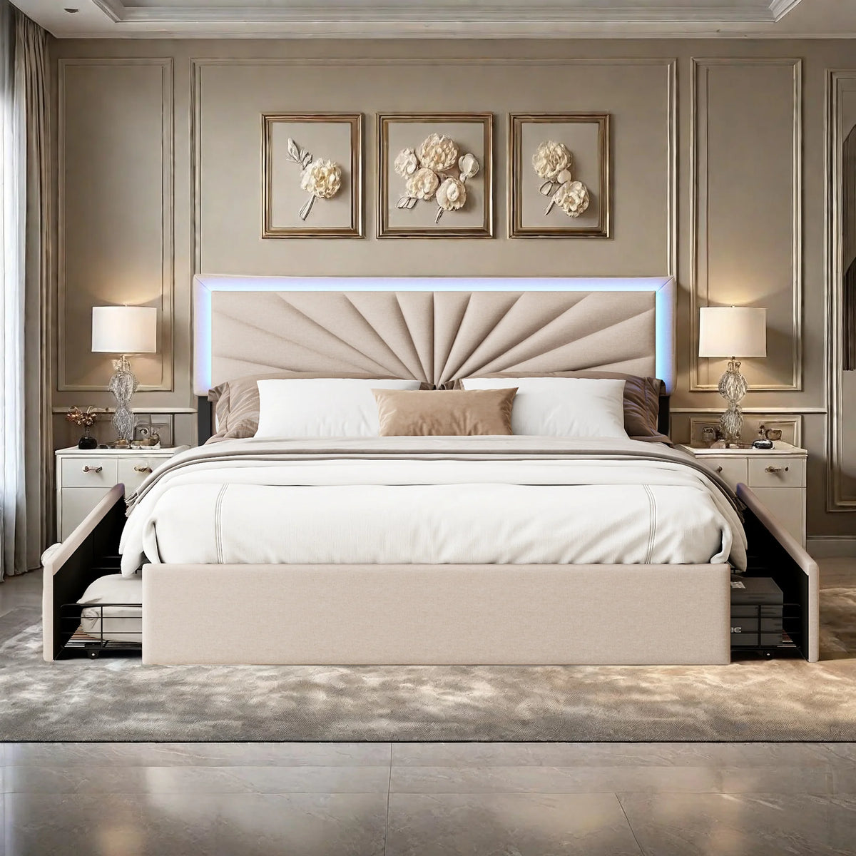 Modern Bed with LED Lighting,4 Drawers,140/160x200cm Double Bed with Height-Adjustable Headboard,Robust Bed Frame,No Mattress