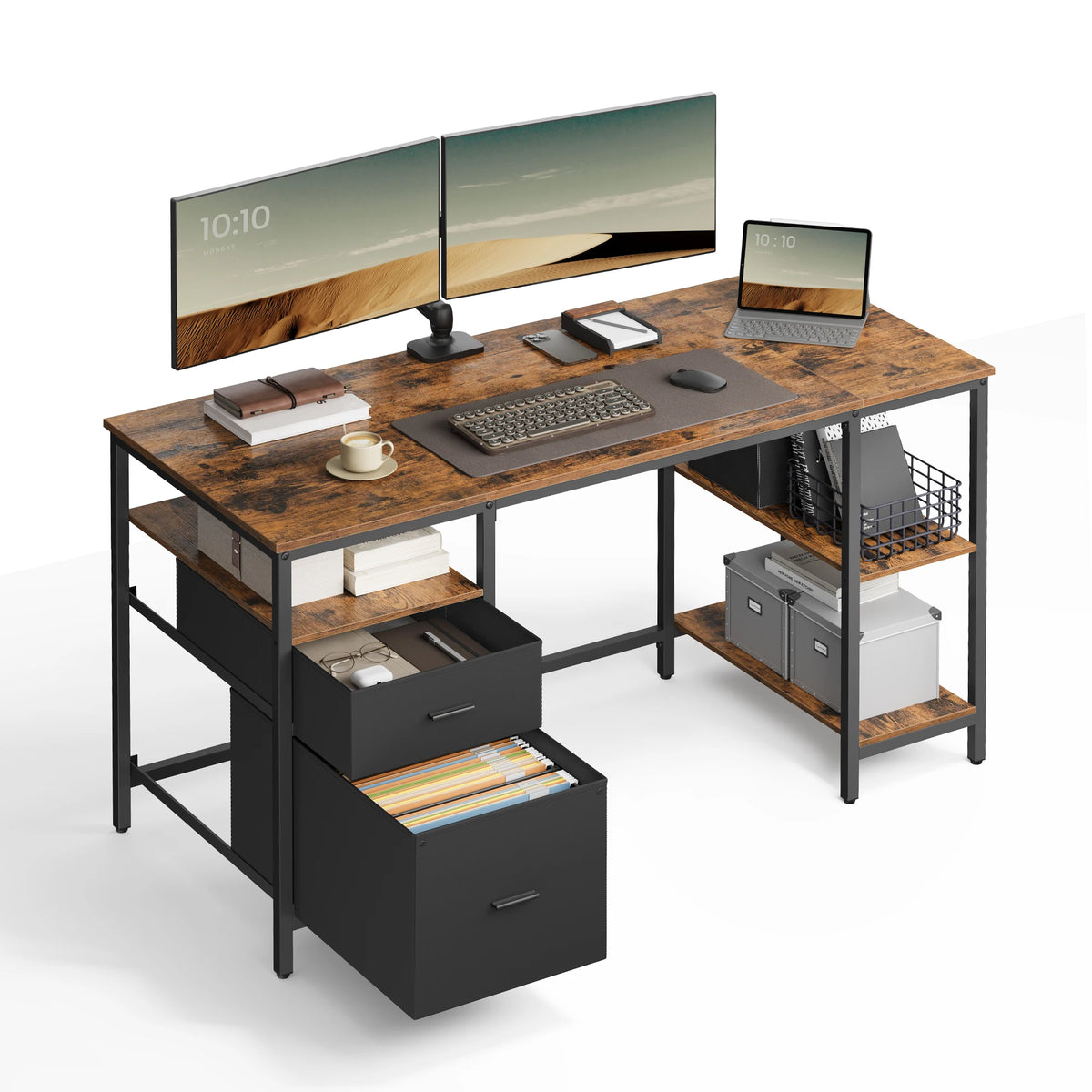 VASAGLE Computer table, office table, desk, with 3 shelves, 2 drawers, 60x140x76 cm, for office, living room