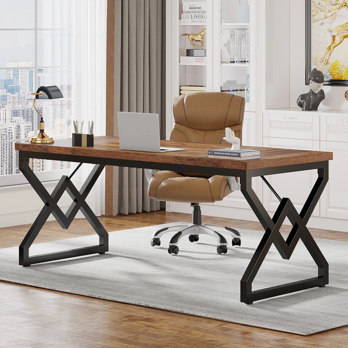 Tribesigns Executive Desk, Office Desk with Extra Thickened Wooden Tabletop and Metal Frame, Large 63 Inches Computer Desk
