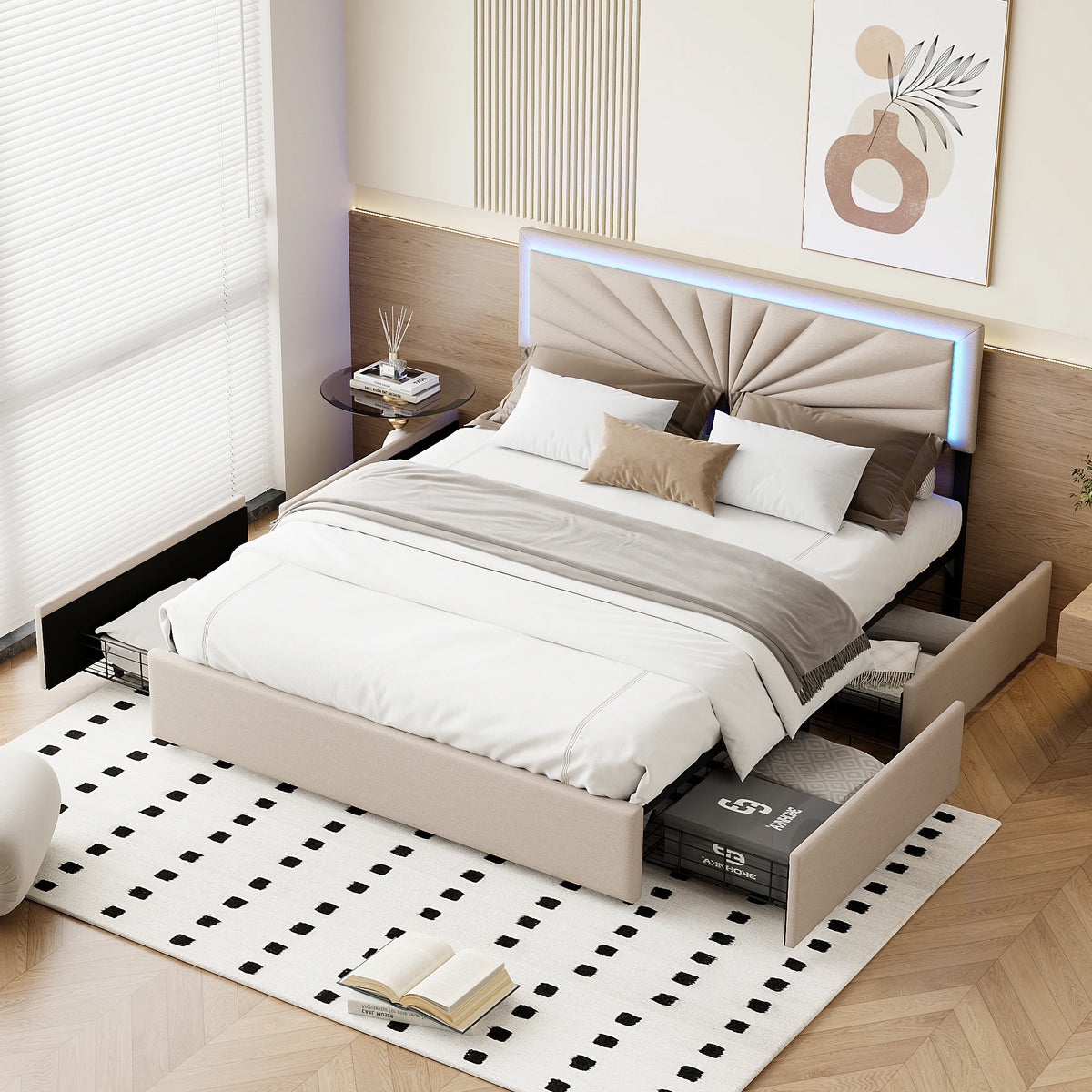 Modern Bed with LED Lighting,4 Drawers,140/160x200cm Double Bed with Height-Adjustable Headboard,Robust Bed Frame,No Mattress