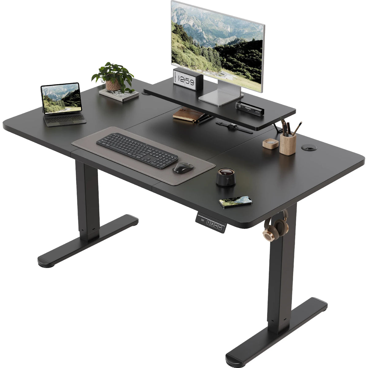 Devoko Height Adjustable desk Electric 120 × 60cm with Monitor Stand Ergonomic Seat Standing Desk (White)