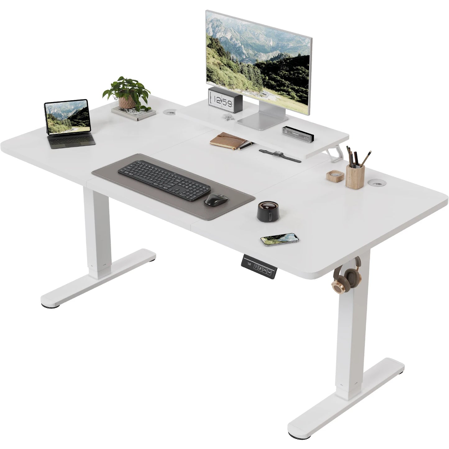 Devoko Height Adjustable desk Electric 160 × 70cm with Monitor Stand Ergonomic Seat Standing Desk (White)