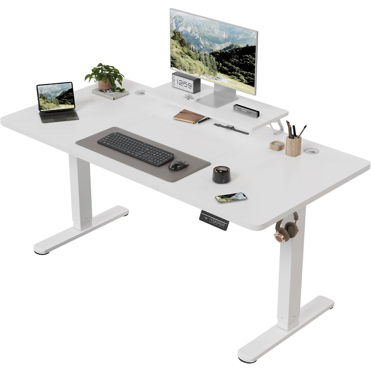 Devoko Height Adjustable desk Electric 160 × 70cm with Monitor Stand Ergonomic Seat Standing Desk (White)