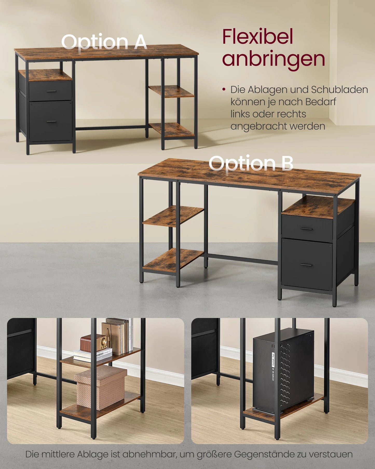 VASAGLE Computer table, office table, desk, with 3 shelves, 2 drawers, 60x140x76 cm, for office, living room