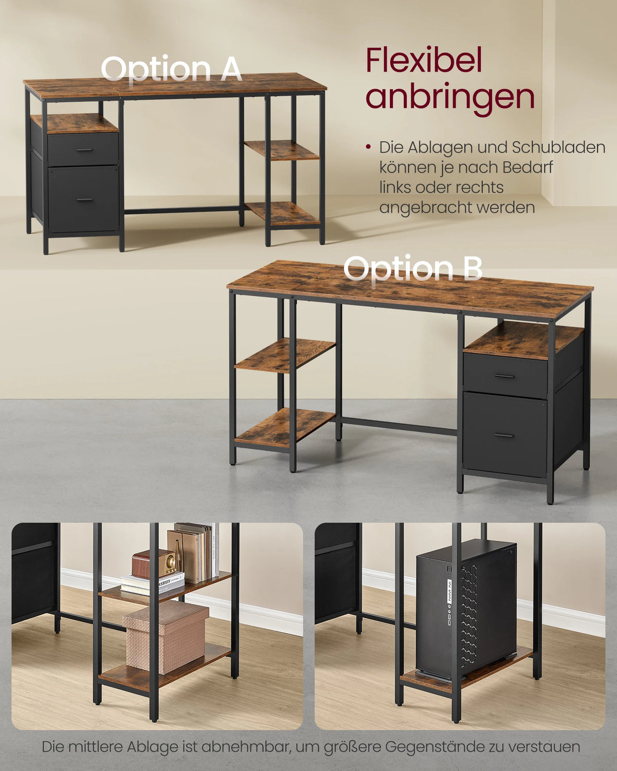 VASAGLE Computer table, office table, desk, with 3 shelves, 2 drawers, 60x140x76 cm, for office, living room