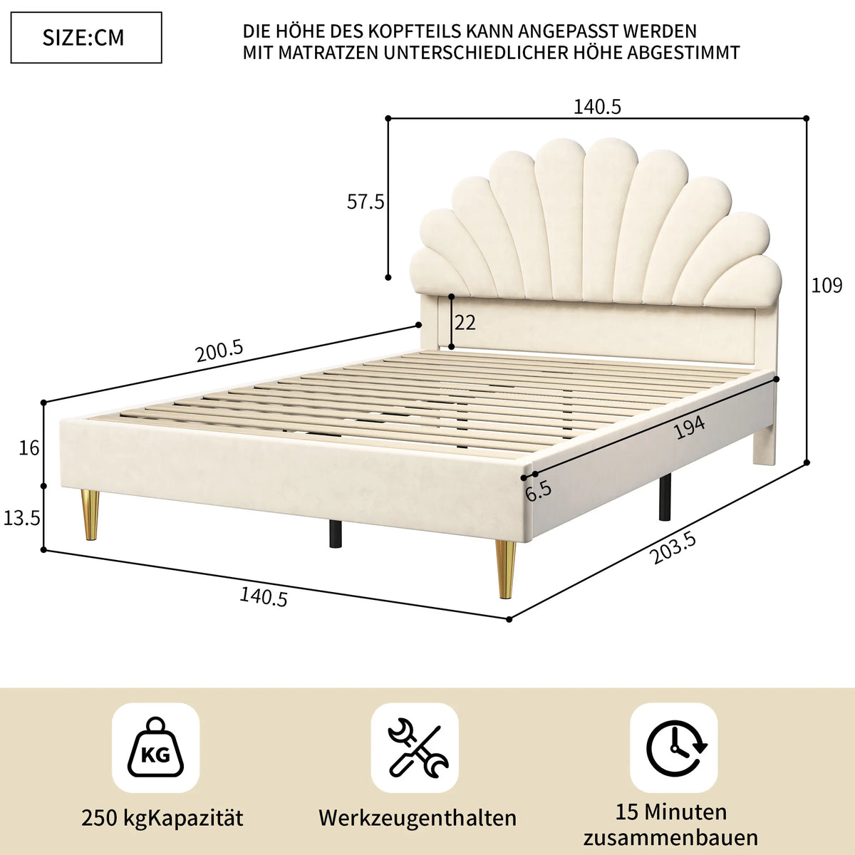 Anajqaqia Upholstered Double Bed, Bed Frame with Flower-Shaped Headboard, Velvet Fabric, Beige,140x200cm