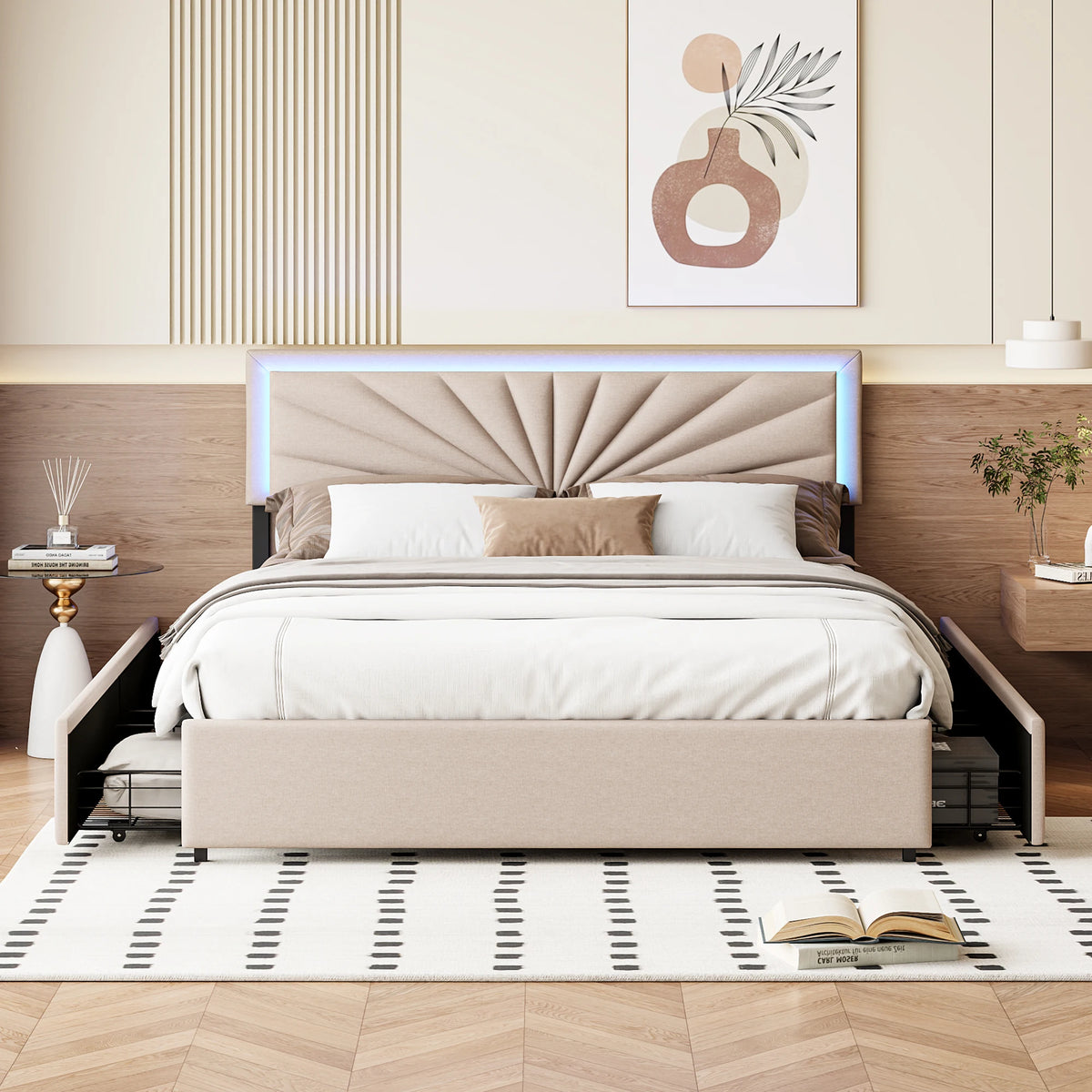 Modern Bed with LED Lighting,4 Drawers,140/160x200cm Double Bed with Height-Adjustable Headboard,Robust Bed Frame,No Mattress