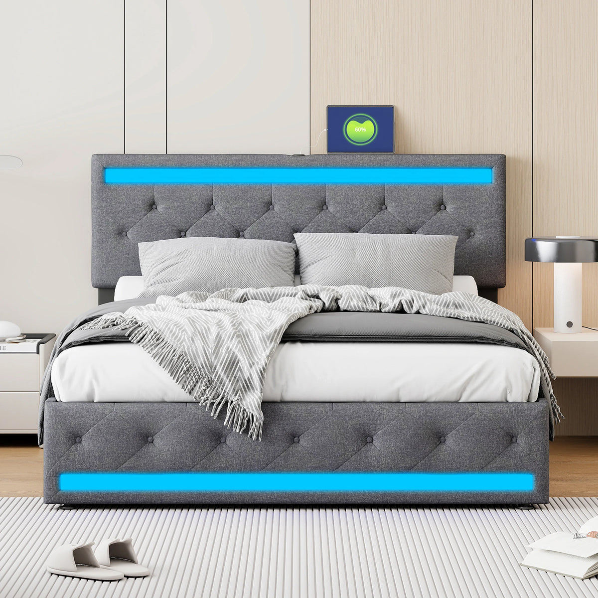 Fangange Upholstered Double Bed with LED Lighting, USB Charging Function and 4 Drawers, Storage Bed with Wooden Slatted