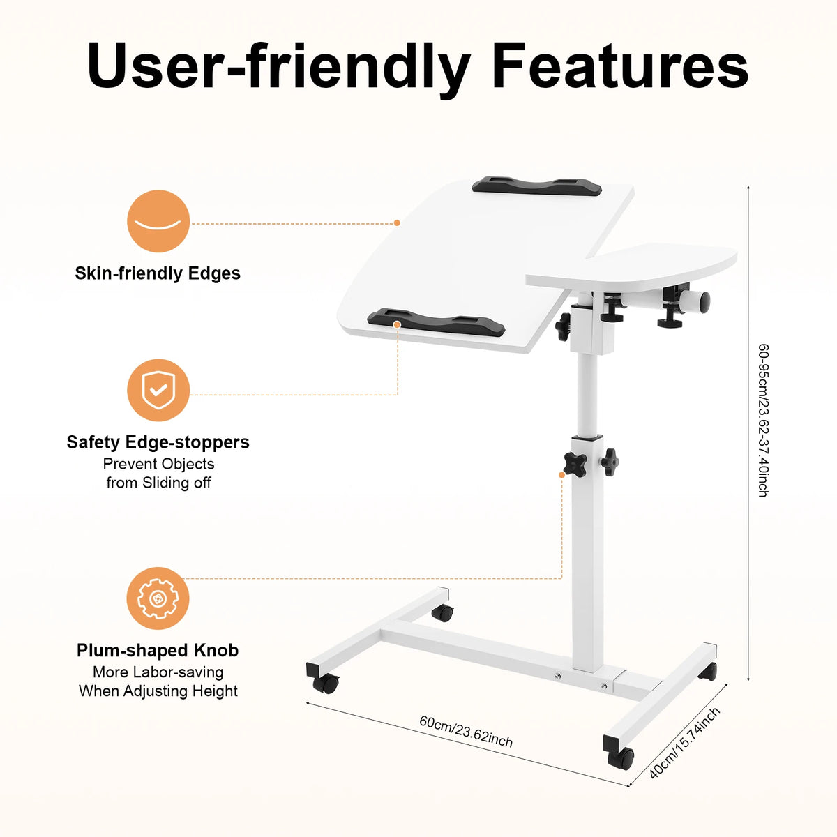 Laptop Desk Stand 360° Adjustable Tilting Overbed Table with Wheels Mobile Laptop Table Foldable Rolling Bedside Desk 60*40cm