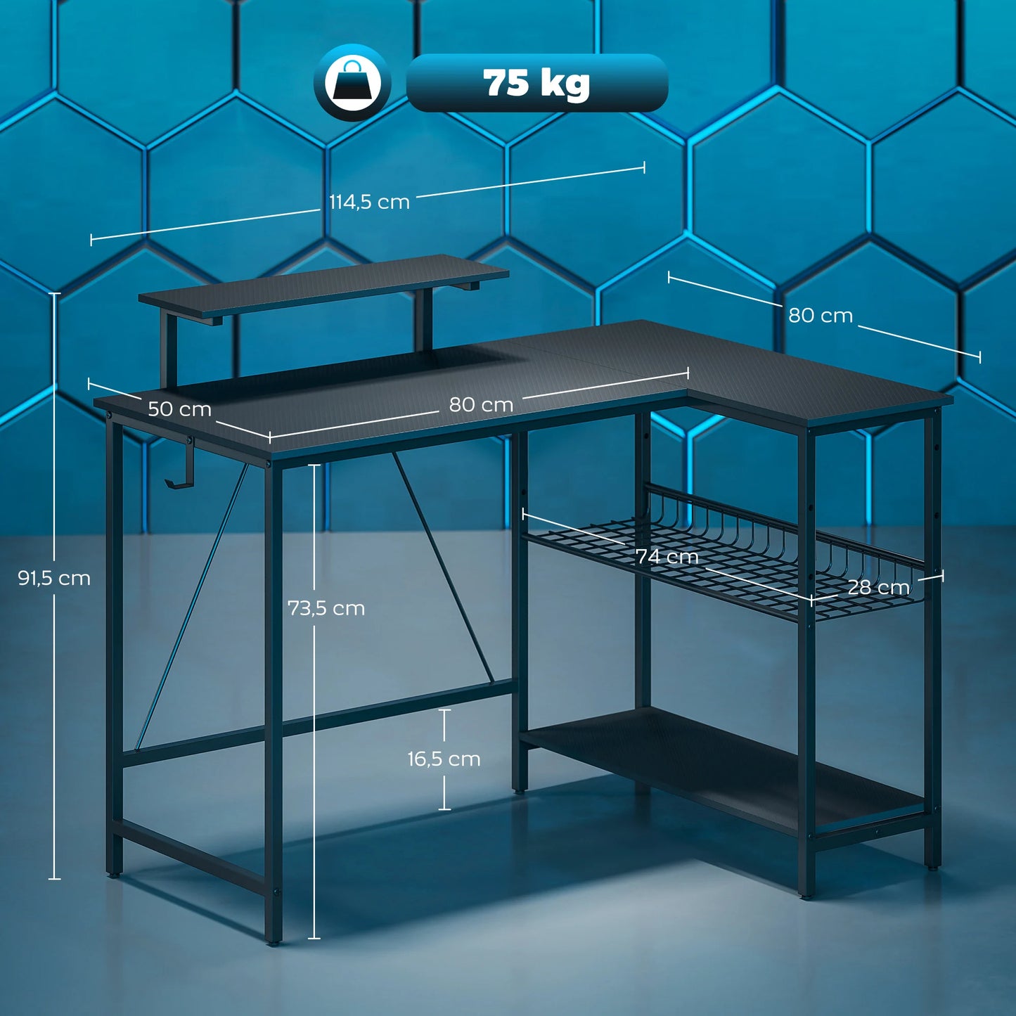 HOMCOM desk gaming reversible 114,5x82 cm, desk angle gaming with screen holder and adjustable mesh shelf, tabl