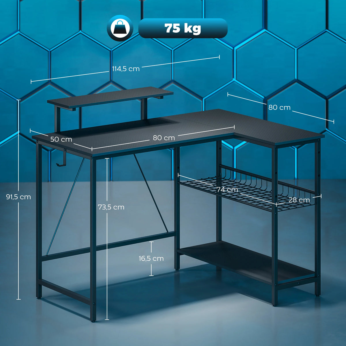 HOMCOM desk gaming reversible 114,5x82 cm, desk angle gaming with screen holder and adjustable mesh shelf, tabl
