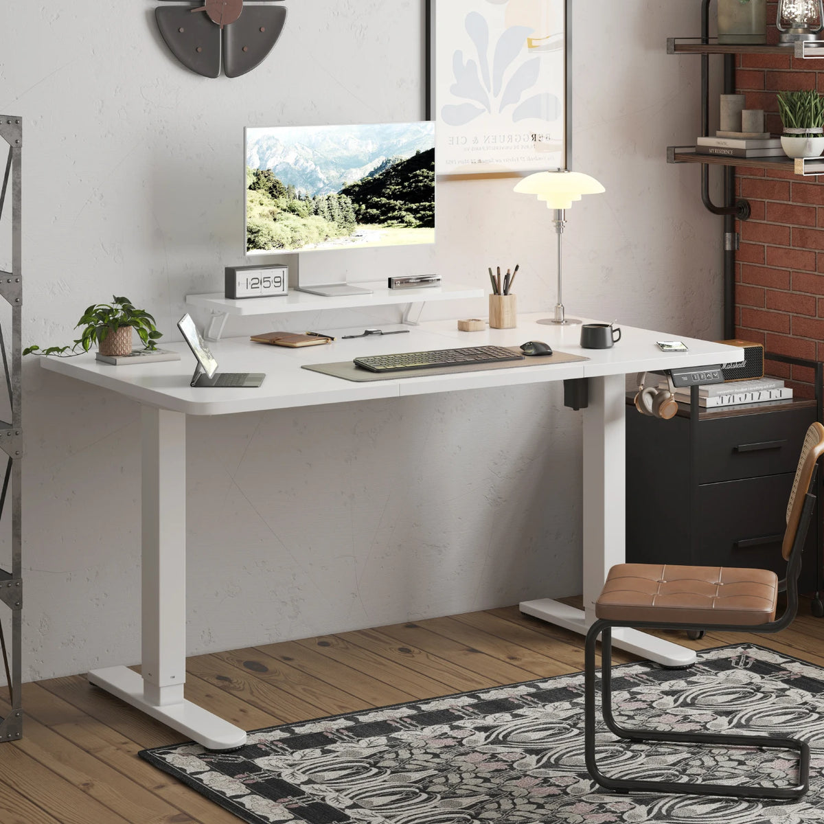 Devoko Height Adjustable desk Electric 160 × 70cm with Monitor Stand Ergonomic Seat Standing Desk (White)
