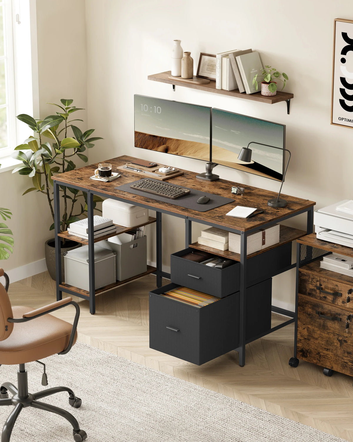 VASAGLE Computer table, office table, desk, with 3 shelves, 2 drawers, 60x140x76 cm, for office, living room