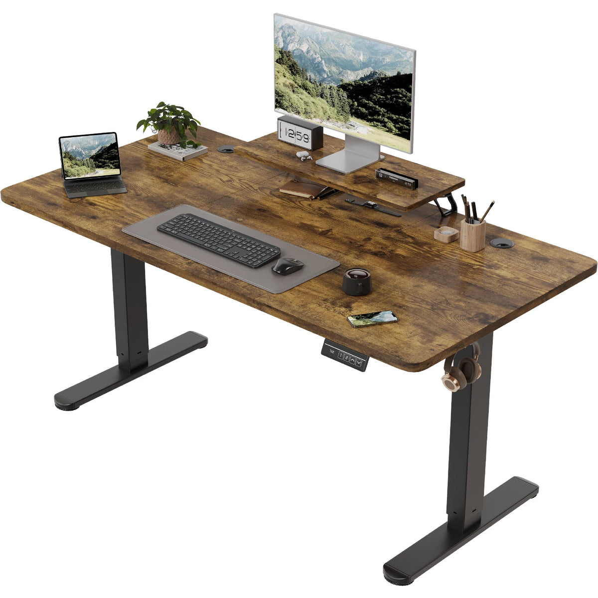 Devoko Height Adjustable desk Electric 160 × 70cm with Monitor Stand Ergonomic Seat Standing Desk (White)