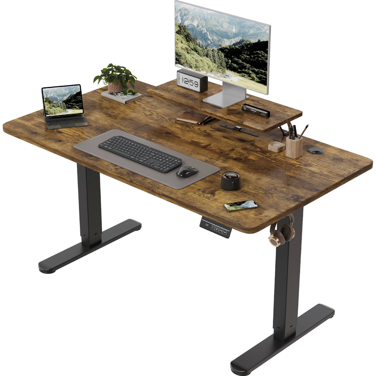 Devoko Height Adjustable desk Electric 120 × 60cm with Monitor Stand Ergonomic Seat Standing Desk (White)