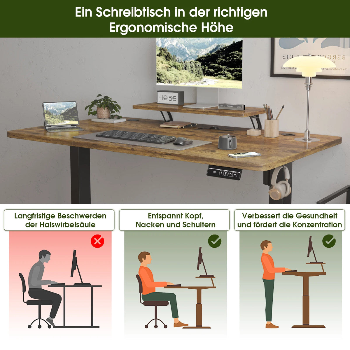 Devoko Height Adjustable desk Electric 120 × 60cm with Monitor Stand Ergonomic Seat Standing Desk (White)