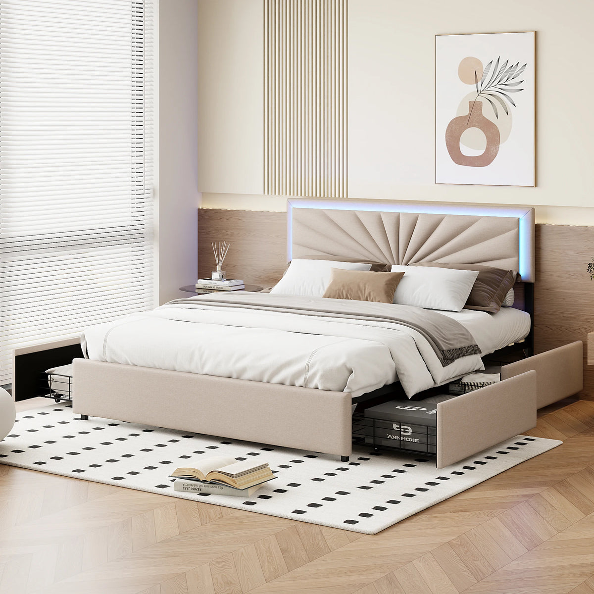 Modern Bed with LED Lighting,4 Drawers,140/160x200cm Double Bed with Height-Adjustable Headboard,Robust Bed Frame,No Mattress