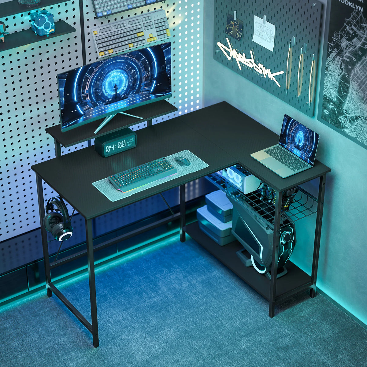 HOMCOM desk gaming reversible 114,5x82 cm, desk angle gaming with screen holder and adjustable mesh shelf, tabl