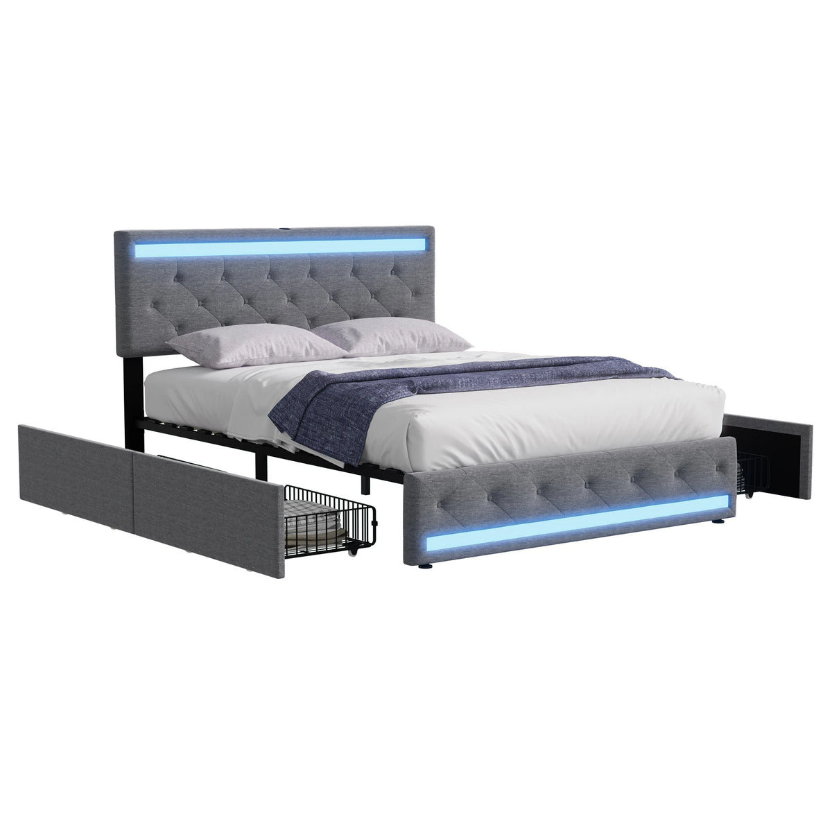 Fangange Upholstered Double Bed with LED Lighting, USB Charging Function and 4 Drawers, Storage Bed with Wooden Slatted