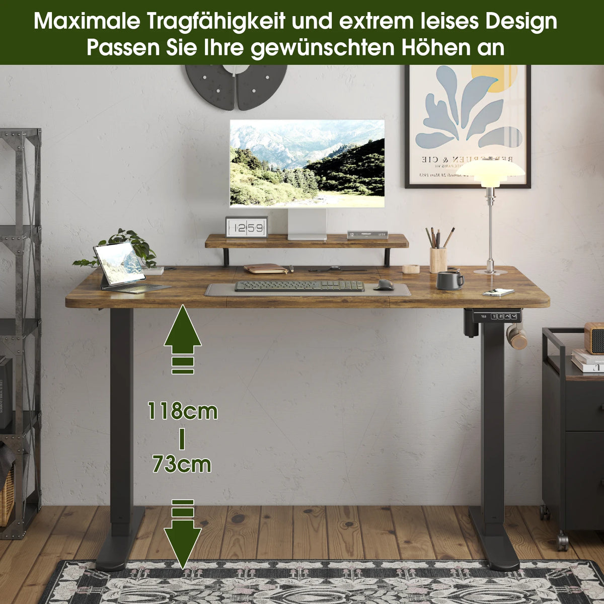 Devoko Height Adjustable desk Electric 120 × 60cm with Monitor Stand Ergonomic Seat Standing Desk (White)