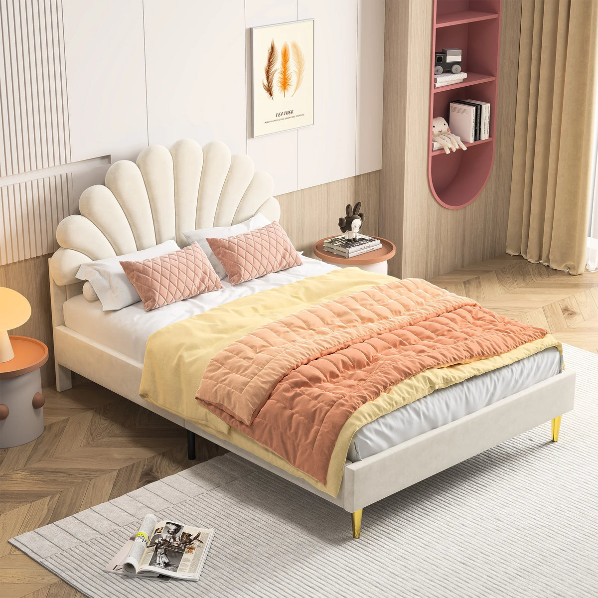 Anajqaqia Upholstered Double Bed, Bed Frame with Flower-Shaped Headboard, Velvet Fabric, Beige,140x200cm
