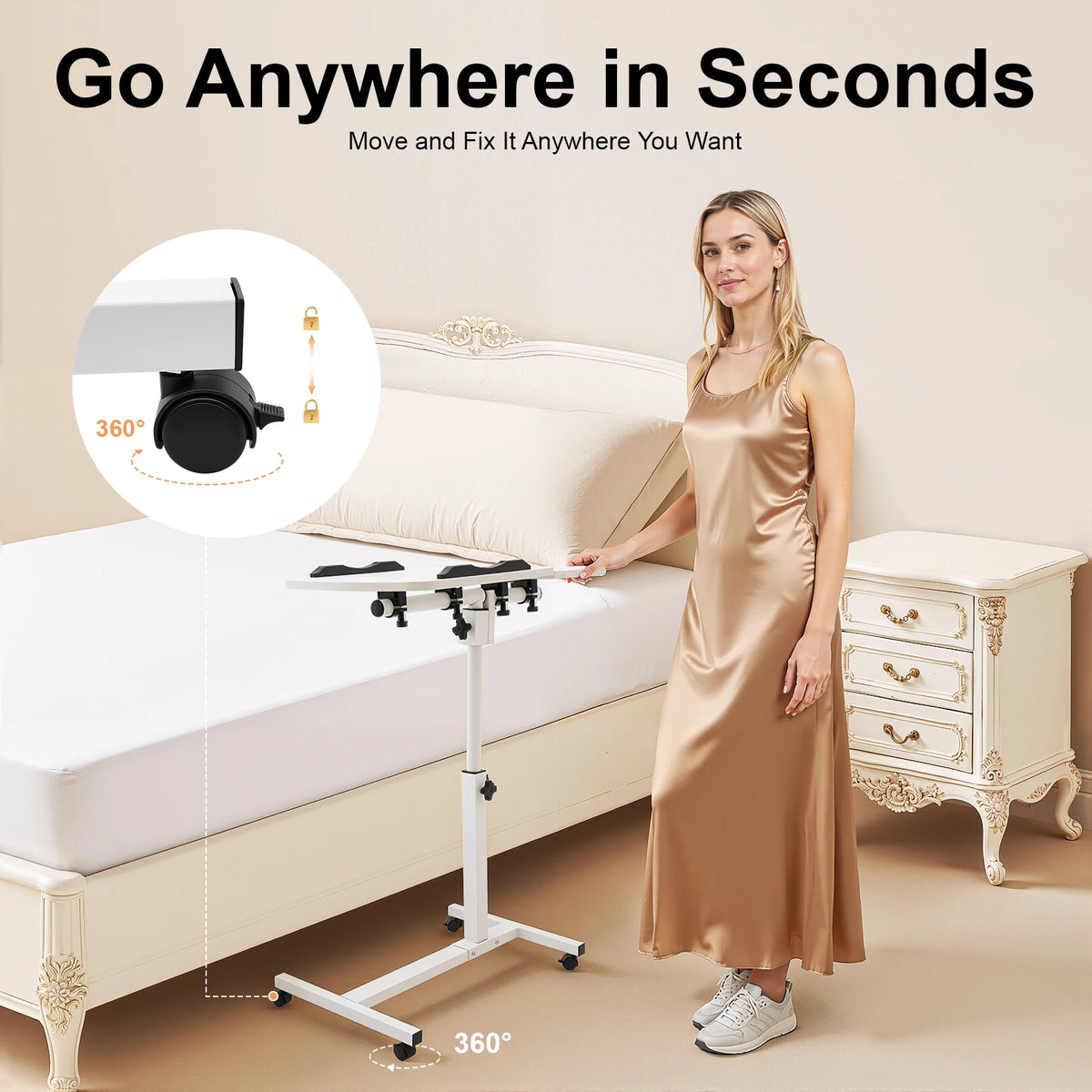 Laptop Desk Stand 360° Adjustable Tilting Overbed Table with Wheels Mobile Laptop Table Foldable Rolling Bedside Desk 60*40cm