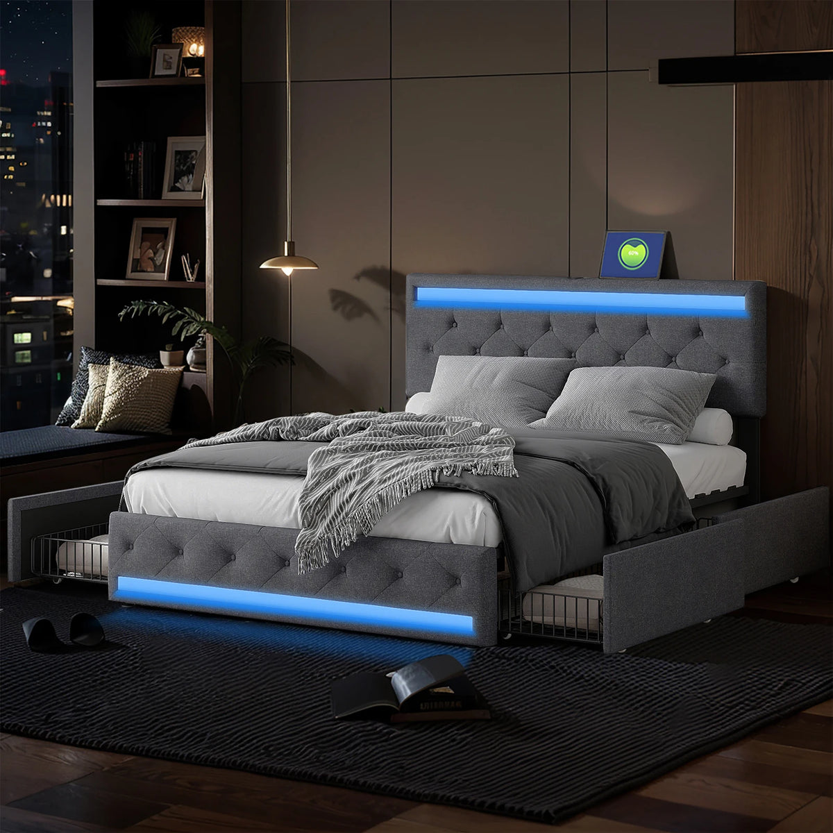 Fangange Upholstered Double Bed with LED Lighting, USB Charging Function and 4 Drawers, Storage Bed with Wooden Slatted