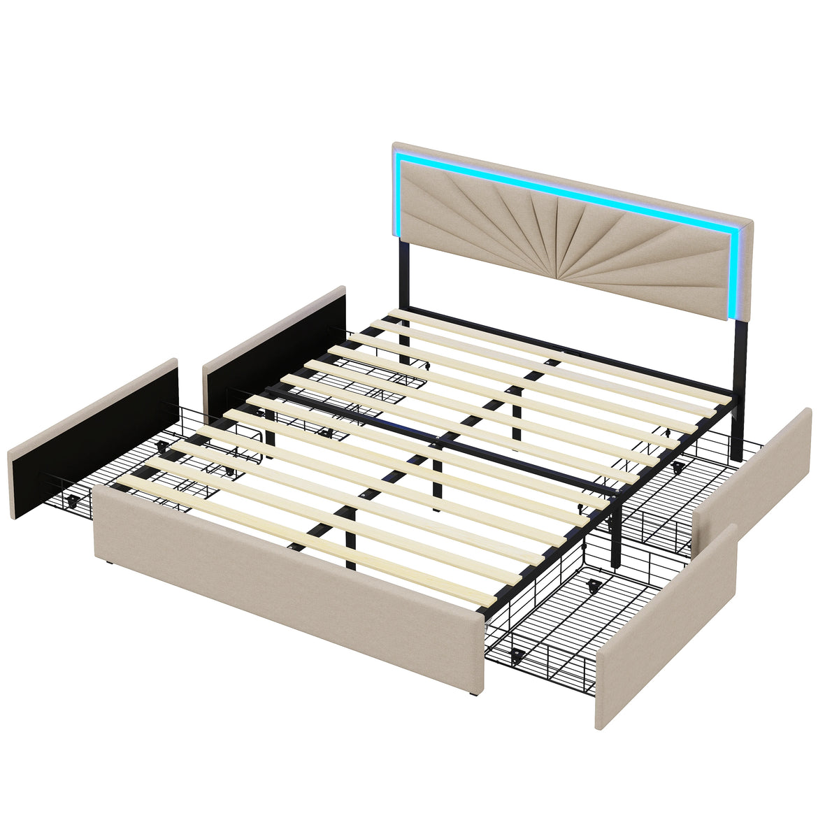Modern Bed with LED Lighting,4 Drawers,140/160x200cm Double Bed with Height-Adjustable Headboard,Robust Bed Frame,No Mattress