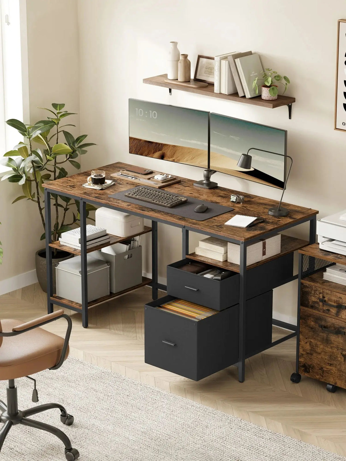 VASAGLE Computer table, office table, desk, with 3 shelves, 2 drawers, 60x140x76 cm, for office, living room