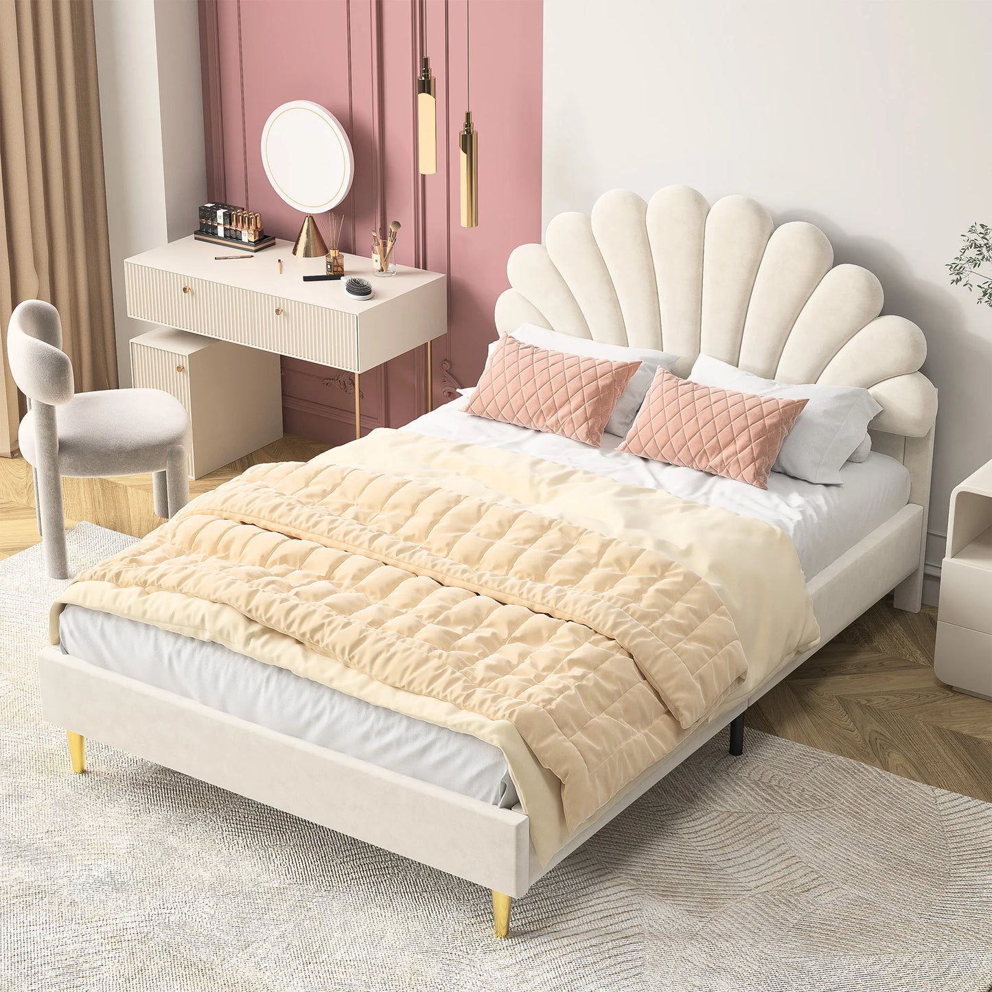 Anajqaqia Upholstered Double Bed, Bed Frame with Flower-Shaped Headboard, Velvet Fabric, Beige,140x200cm